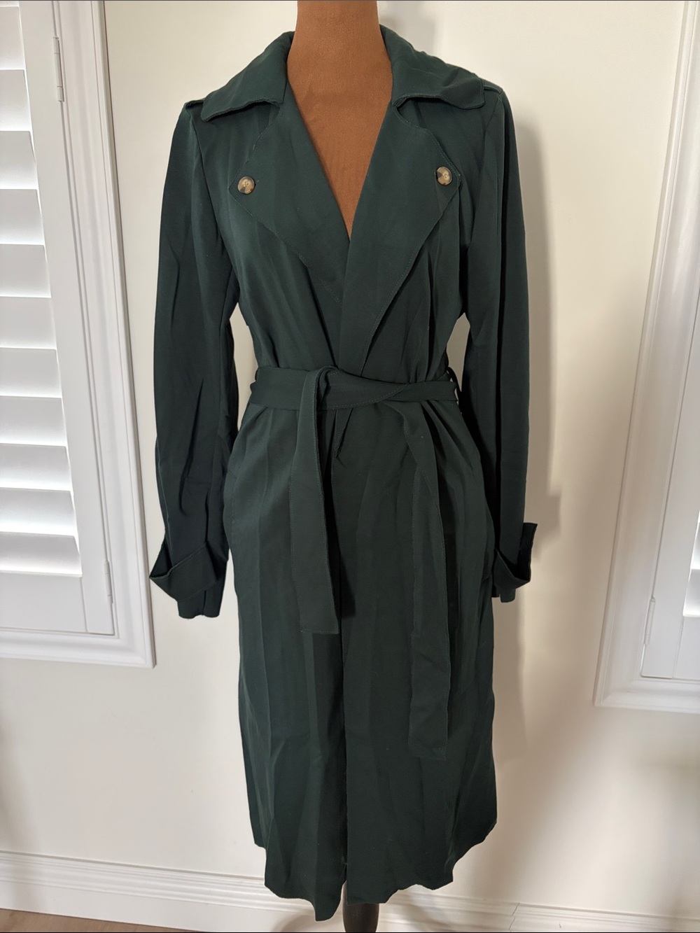 Carolina Belle Dark Forest Green Wrap Trench Dress with Tie Waist